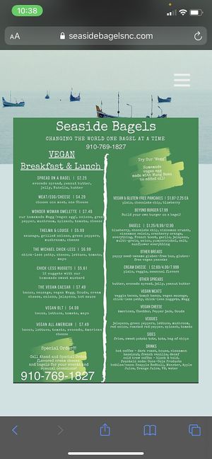 vegan menu at Seaside Bagels in Wilmington