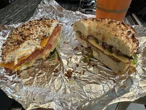 half vegan thelma and half louise and vegan all american  at Seaside Bagels in Wilmington