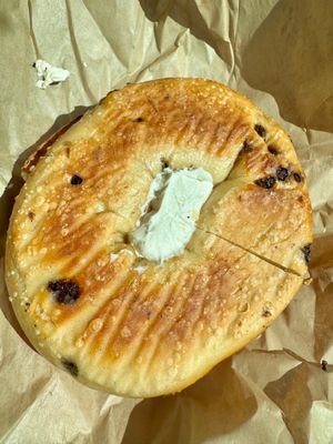 Chocolate chip bagel with plain vegan cream cheese  at Seaside Bagels in Wilmington