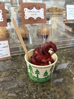 Blueberry and strawberry twist ice cream with berry sauce at Divine Treasures in Manchester