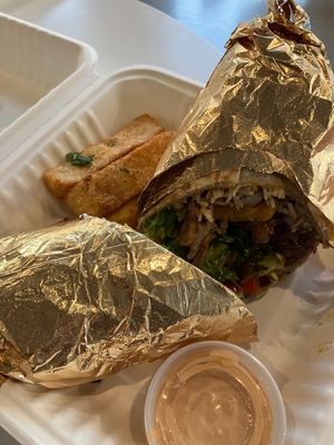 Carnitas super burrito: came with some yucca fries at Roasted and Raw in Oakland