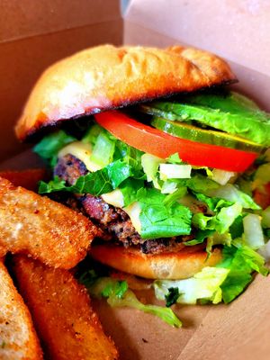Smoky black bean burger with yuca fries at Roasted and Raw in Oakland
