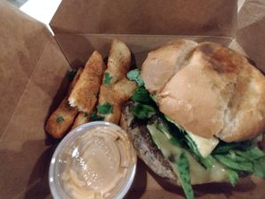 Blk bean burger n yucca fries $15!!! at Roasted and Raw in Oakland