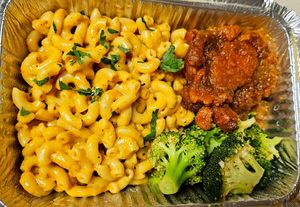 Mac and cheese with sweet potato and broccoli at Roasted and Raw in Oakland