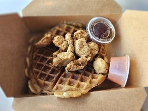 Chick'n and waffle at Roasted and Raw in Oakland