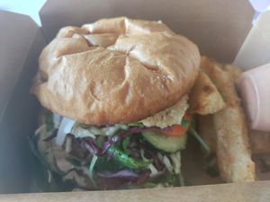 Falafel burger at Roasted and Raw in Oakland