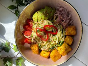 Skinny zoodle with tofu. Choice of peanut sauce or poke sauce.  at Be Mine Bar & Bistro in Helsinki