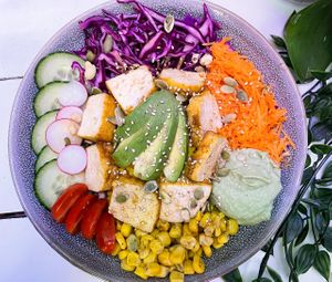 Oh My Buddha! (V,G) 
- Tumeric rice, sweet corn, purple cabbage, broccoli, avocado, spirulina hummus, tahini sauce

Choice of tofu, vegan minced meat and falafel  at Be Mine Bar & Bistro in Helsinki