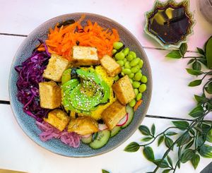 Vegan Poke (V,G,K)
- Tumeric rice, purple cabbage, avocado, cucumber, radish, carrot, 
edamame beans, Poke sauce, seaweed garnish  

Choice of tofu, vegan minced meat and falaf at Be Mine Bar & Bistro in Helsinki