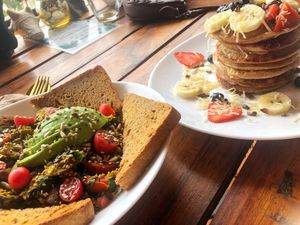 Tofu scramble, pancakes  at Tierra Verde in Mahahual