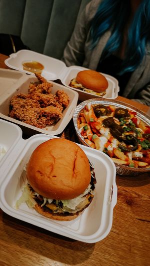 American burger, loaded fries, chicken fingers at Burger Tree in Toronto