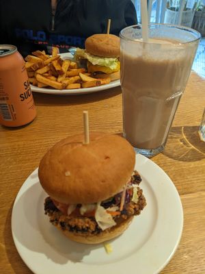 Chicken burger with milk and cookies shake at Burger Tree in Toronto
