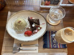 Brownie, soy milk gelato and cafe au lait with soy    at Magokoro - Hemp Heart in Kotohira