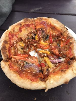 Veghead with vegan cheese, onions, roasted tomatoes, peppers, potatoes, mushrooms  at Nimrods' in Stratford