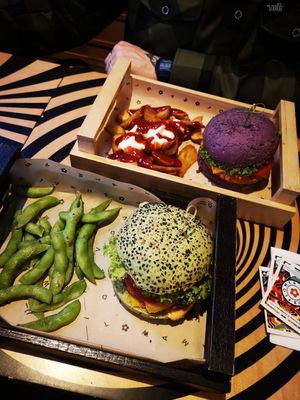 Jungle burger, edamame + tangy chickpea and potato wedges at Flower Burger in London