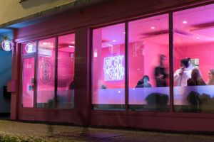 Exterior. It is pink. at Dirty V - Bergen in Bergen