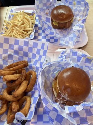 Garlicious (bottom) and Astroworld (top) burgers and sides  at Dirty V - Bergen in Bergen