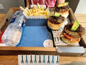 Vegan burgers with caramelised onion and avocado at Free The Fork in Amman