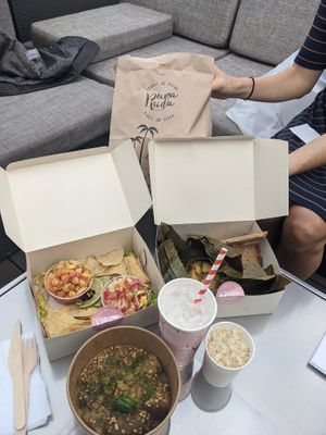 Ceviche, tamal, coconut curry, coco loco at Pura Vida in Bogota