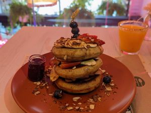 Vegan pancakes. Can be ordered separately or as part of the "breakfast for 2" ($55k) at Pura Vida in Bogota