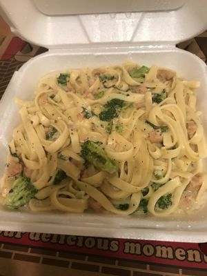 Fettuccine Alfredo with chicken and broccoli  at Vegan Korner in Grand Terrace
