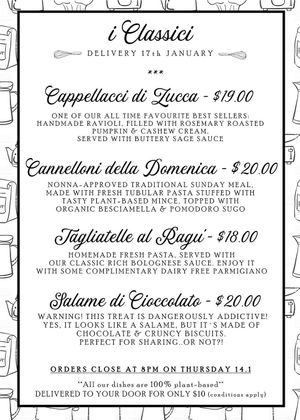 menu at Lasagne for Breakfast in Sydney