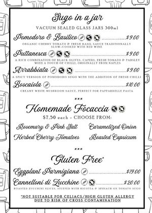 menu at Lasagne for Breakfast in Sydney