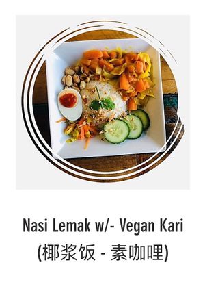 Nasi Lemak (coconut rice) w/- Kari (curry) Vegetables, Peanuts, Pickled Vegetables, Cucumber, Shallots, Coriander & Vegan Sambal (gf, df, ve, v) at Penang Alley in Warrnambool