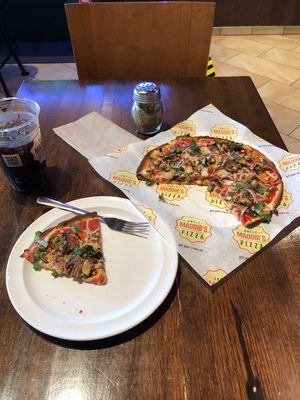 Gluten free crust, mushrooms, seasoned tofu, daiya cheese, tomato basil sauce, yum!  at Uncle Maddio's Pizza in Minot