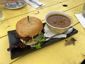 Burger and chili  at Farmacy+Fermentary in Charlottetown