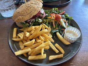 Beetroot and feta burger with fries  at Steck in Tilburg
