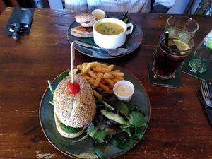 Pumpkin-sweet potato soup, veggie sandwich, and pumpkin burger at Steck in Tilburg