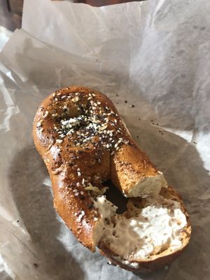 Everything pretzel with vegan cream cheese.  at Rowhome Coffee in Philadelphia