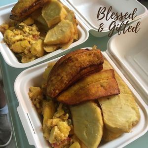 Ackee with Roast Breadfruit and Fried Ripe Plantain  at Blessed And Gifted in Tower Isle
