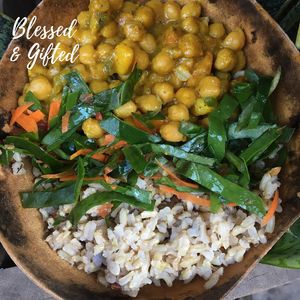 Turmeric Chickpeas, Brown Rice and Raw Veggies  at Blessed And Gifted in Tower Isle
