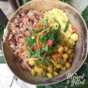 Turmeric Chickpeas, Ackee, Rice n Peas with Raw Veggies  at Blessed And Gifted in Tower Isle