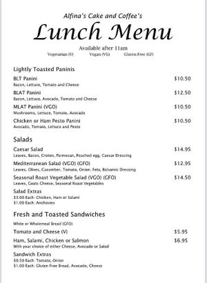 MLAT Panini - Vegan option
Mediterranean Salad - Vegan option
Roast Veg Salad - Vegan option

Tomato and Cheese Sandwich - VEG at Alfina's Cake & Coffee in Eatons Hill