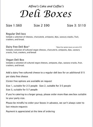 Vegan Deli boxes with cultured cashew cheese at Alfina's Cake & Coffee in Eatons Hill