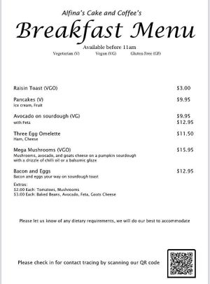 Raisin toast - Vegan option
Avocado on sourdough - Vegan
Mega Mushrooms - Vegan option
Three Egg Omelet - VEG at Alfina's Cake & Coffee in Eatons Hill