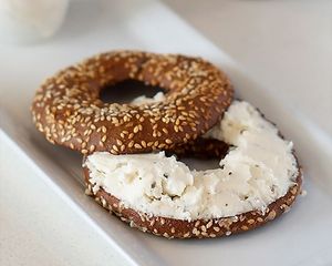 Gluten-free pumpernickel bagel, vegan cream cheeze 

 at Copper Branch in Nashville