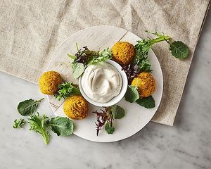 Carrot keftedes with aioli sauce 

 at Copper Branch in Nashville