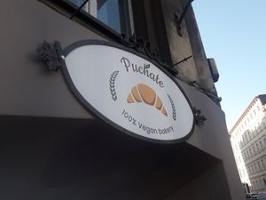 Sign at the front at Puchate Vegan Bakery in Katowice