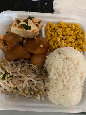 This was my bf veggie plate. We got rice, corn, shoyu potato, tofu, and sprouts at Tasty Korean BBQ in Kaneohe
