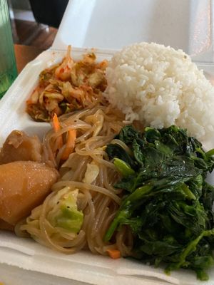 This was my veggie plate of rice, shoyu potato, choy sum, and noodles.  at Tasty Korean BBQ in Kaneohe