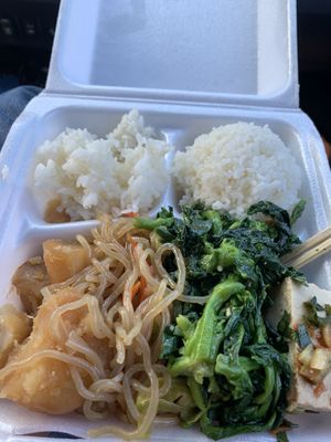 This is my veggie lunch plate with rice. I got bak choi, shoyu potato, noodles, and tofu  at Tasty Korean BBQ in Kaneohe