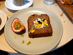 Banana bread with vegan margarine and passionfruit at Little Aus - 리틀오스 in Busan