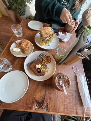 The spread, with oat milk mocha   at Little Aus - 리틀오스 in Busan