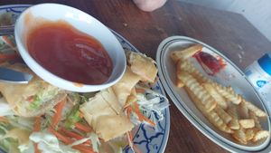 Spring Roll, chips and ketchup at Tamachat Vegan Food - ธรรมชาติ in Koh Samui
