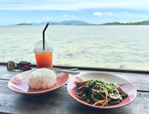 Amazing vegan fried fish. It says spicy but was just the right level for most I'm sure. at Tamachat Vegan Food - ธรรมชาติ in Koh Samui