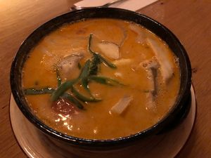 Sup Tom Kha (Kokossuppe, verschiedenes Gemüse, Kräuter, Tofu) / Sup Tom Kha (coconut soup, different vegetables, herbs, tofu)  at Veggie Vu  in Cologne